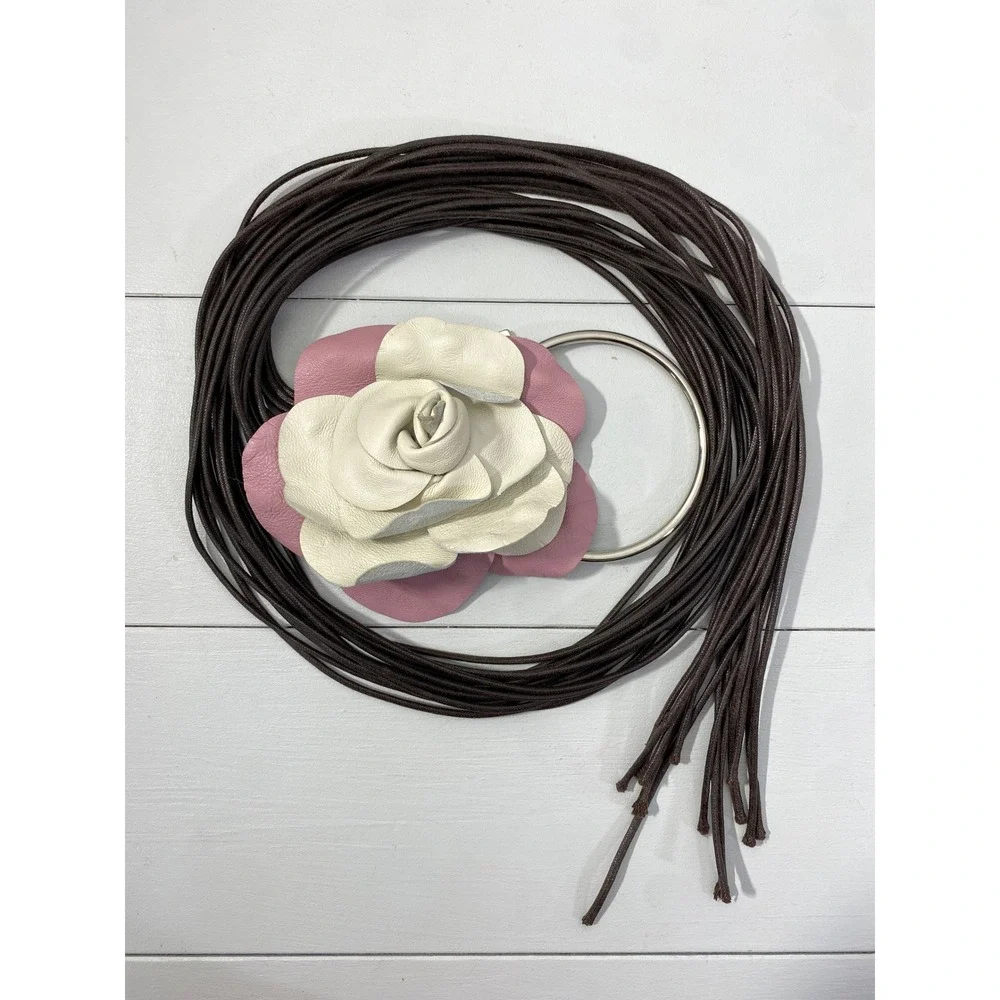 Y2K LC Leather Petal Flower Cord Wrap Belt O/S Pink Boho Floral Brown Cord Rose